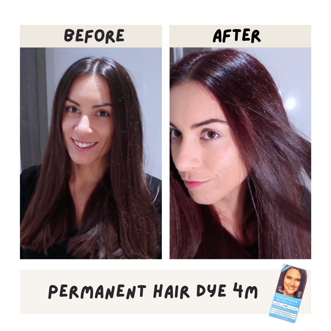 Before and after results from Tints of Nature permanent hair dye 4m Mahogany Brown transformation.